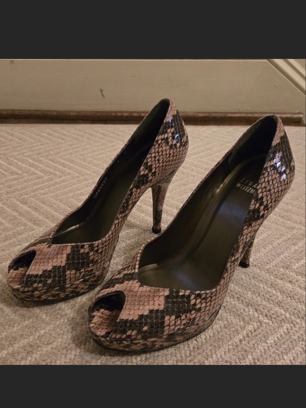 Stuart Weitzman Pink Snake-Print Peep-Toe Pumps